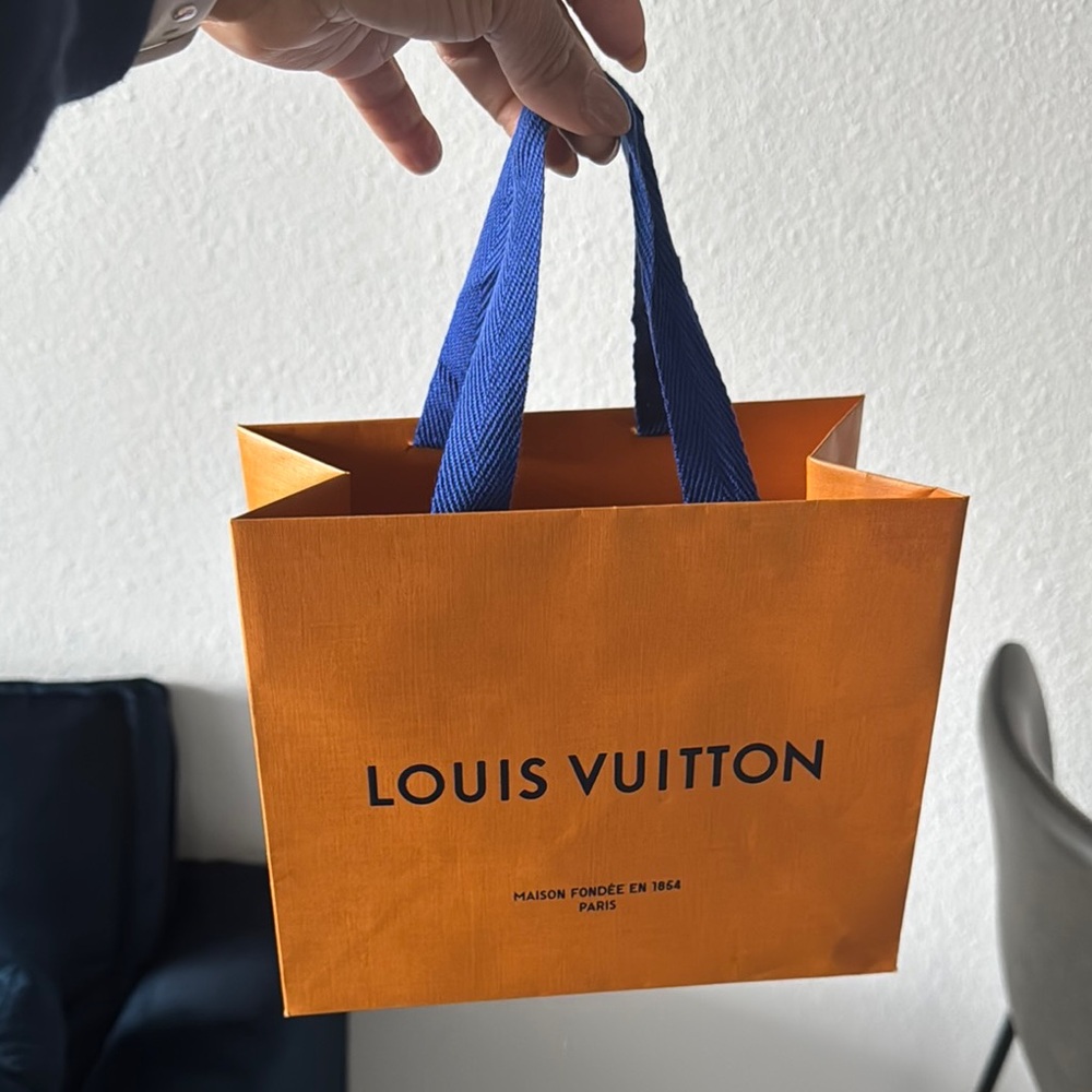 Louis Vuitton small Orange Bag with Blue Handles shopping bag